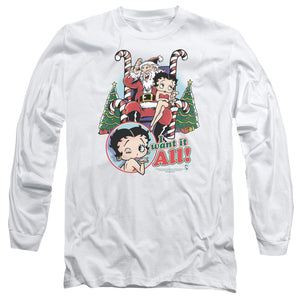 AN OFFCIALLY LICENSED BETTY BOOP I WANT IT ALL MEN'S LONG SLEEVE T-SHIRT WHITE