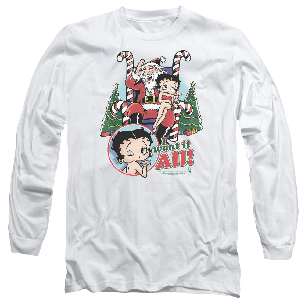 AN OFFCIALLY LICENSED BETTY BOOP I WANT IT ALL MEN'S LONG SLEEVE T-SHIRT WHITE