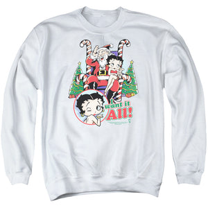 AN OFFCIALLY LICENSED BETTY BOOP I WANT IT ALL ADULT UNISEX CREWNECK SWEATSHIRT WHITE