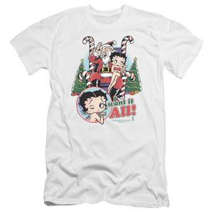 AN OFFCIALLY LICENSED BETTY BOOP I WANT IT ALL MEN'S PREMIUM SLIM FIT T-SHIRT WHITE