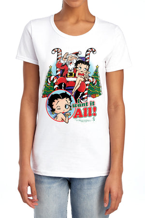 AN OFFCIALLY LICENSED BETTY BOOP I WANT IT ALL WOMEN'S REGULAR FIT T-SHIRT WHITE