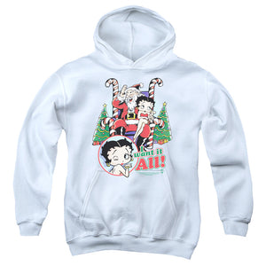AN OFFCIALLY LICENSED BETTY BOOP I WANT IT ALL YOUTH HOODIE WHITE