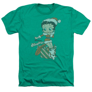 AN OFFCIALLY LICENSED BETTY BOOP DEFINE NAUGHTY MEN'S HEATHER T-SHIRT KELLY GREEN