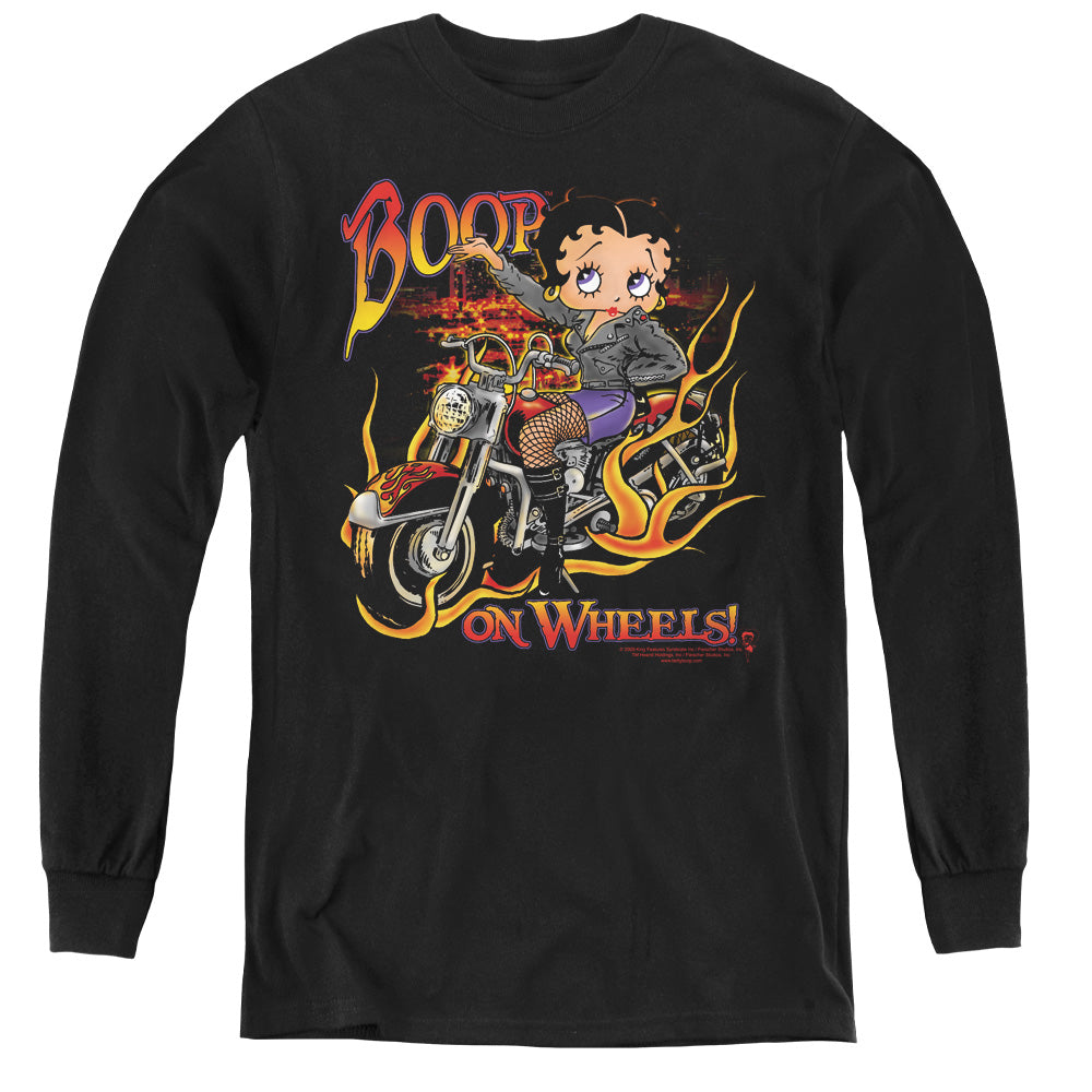 AN OFFCIALLY LICENSED BETTY BOOP ON WHEELS YOUTH LONG SLEEVE T-SHIRT BLACK