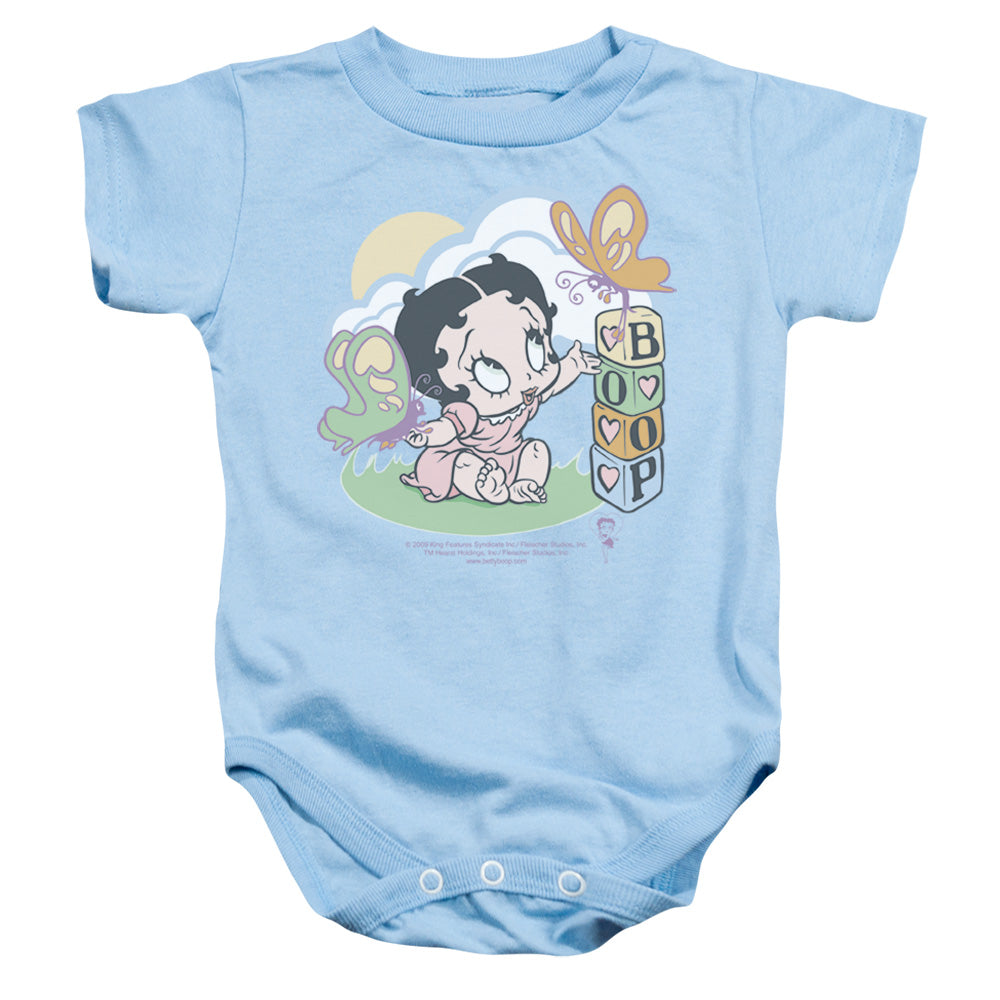 AN OFFCIALLY LICENSED BETTY BOOP BLUE BUTTERFLIES BABY BODYSUIT LIGHT BLUE