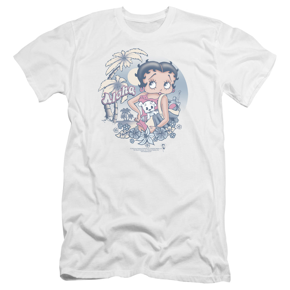 AN OFFCIALLY LICENSED BETTY BOOP ALOHA MEN'S PREMIUM SLIM FIT T-SHIRT WHITE