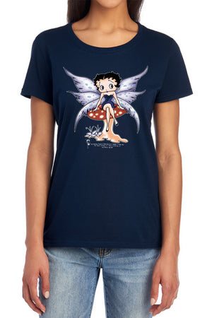 AN OFFCIALLY LICENSED BETTY BOOP MUSHROOM FAIRY WOMEN'S REGULAR FIT T-SHIRT NAVY