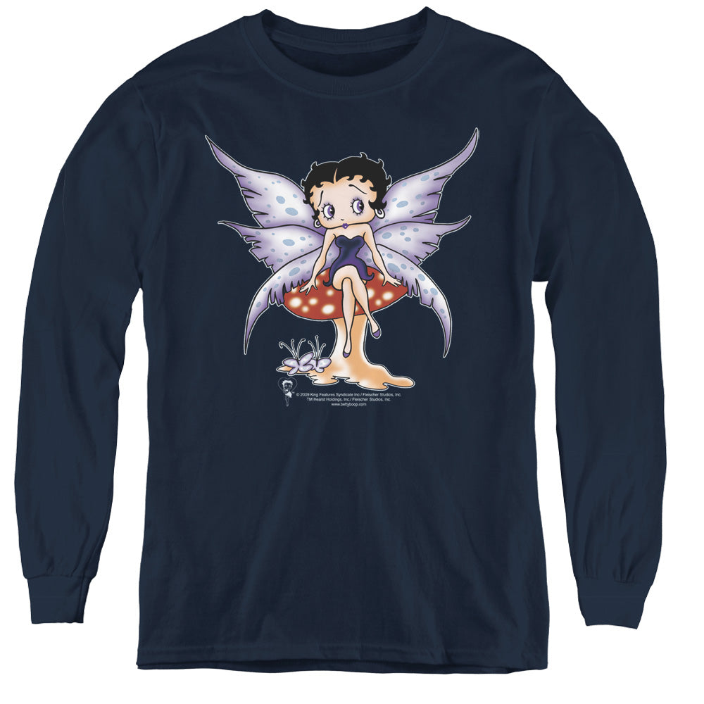 AN OFFCIALLY LICENSED BETTY BOOP MUSHROOM FAIRY YOUTH LONG SLEEVE T-SHIRT NAVY