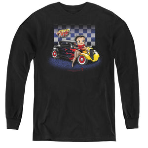 AN OFFCIALLY LICENSED BETTY BOOP HOT ROD BOOP YOUTH LONG SLEEVE T-SHIRT BLACK