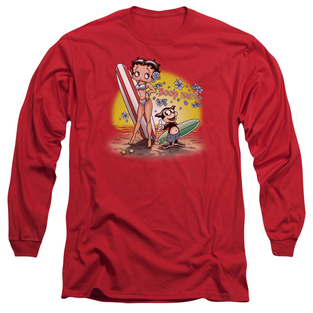 AN OFFCIALLY LICENSED BETTY BOOP SURF MEN'S LONG SLEEVE T-SHIRT RED