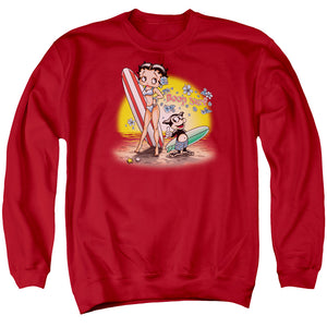 AN OFFCIALLY LICENSED BETTY BOOP SURF ADULT UNISEX CREWNECK SWEATSHIRT RED