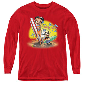 AN OFFCIALLY LICENSED BETTY BOOP SURF YOUTH LONG SLEEVE T-SHIRT RED