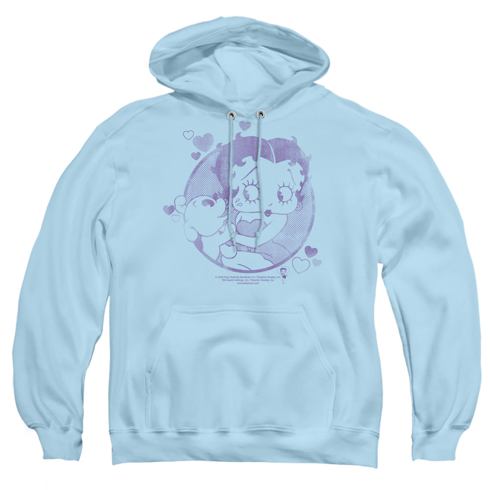 AN OFFCIALLY LICENSED BETTY BOOP PERFECT KISS ADULT UNISEX PULLOVER HOODIE LIGHT BLUE