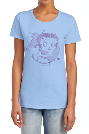 AN OFFCIALLY LICENSED BETTY BOOP PERFECT KISS WOMEN'S REGULAR FIT T-SHIRT LIGHT BLUE