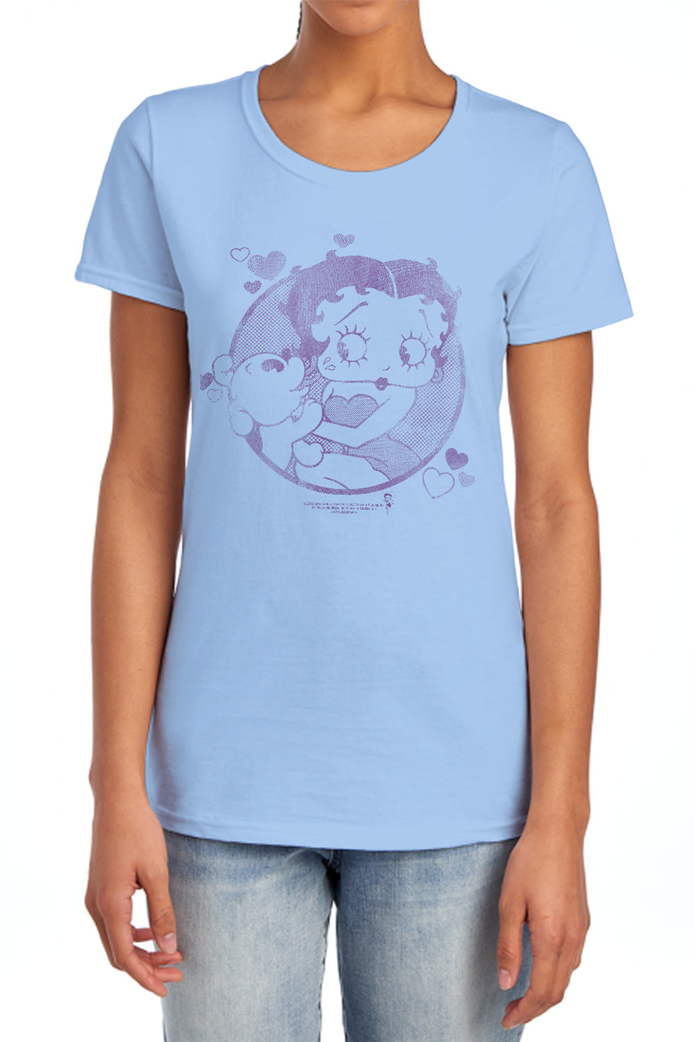AN OFFCIALLY LICENSED BETTY BOOP PERFECT KISS WOMEN'S REGULAR FIT T-SHIRT LIGHT BLUE
