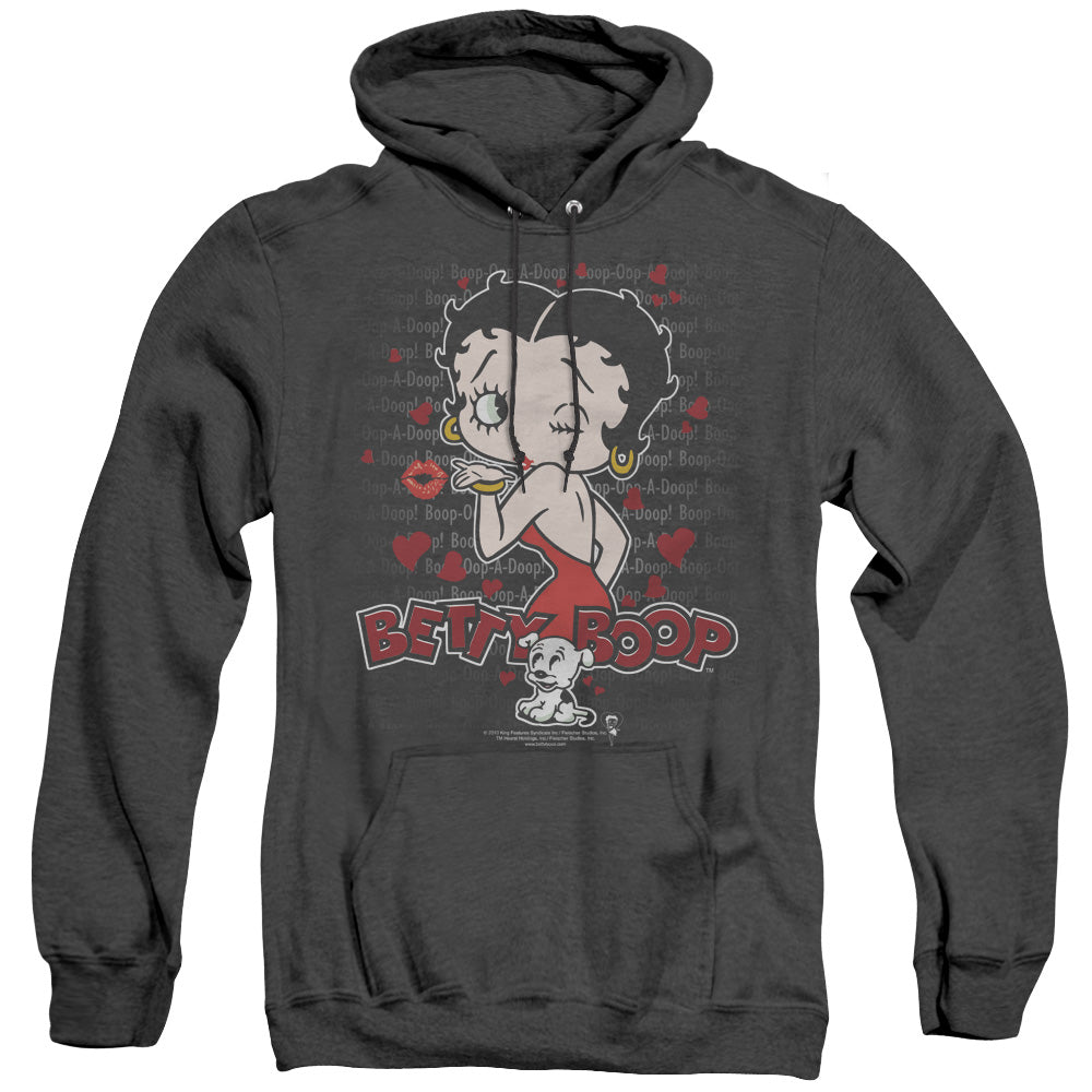 AN OFFCIALLY LICENSED BETTY BOOP CLASSIC KISS ADULT UNISEX HEATHER PULLOVER HOODIE BLACK
