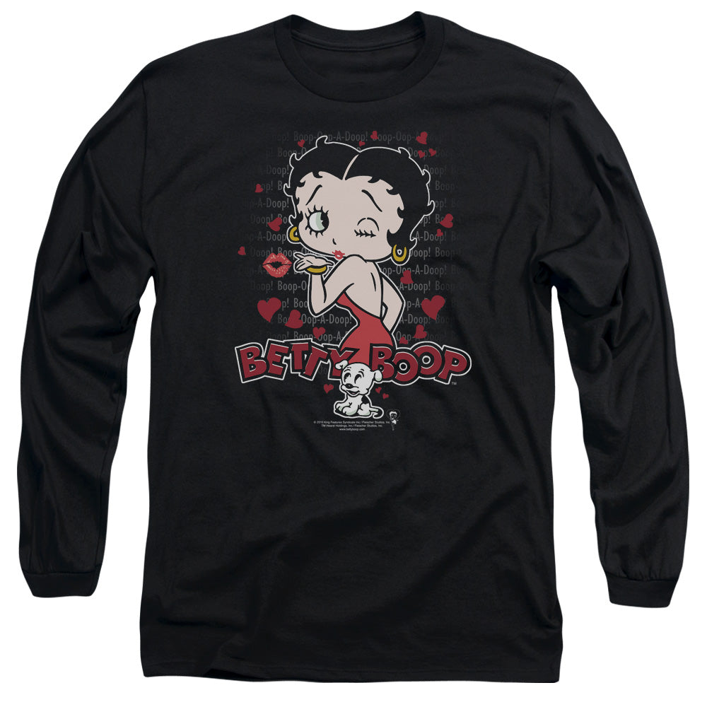 AN OFFCIALLY LICENSED BETTY BOOP CLASSIC KISS MEN'S LONG SLEEVE T-SHIRT BLACK