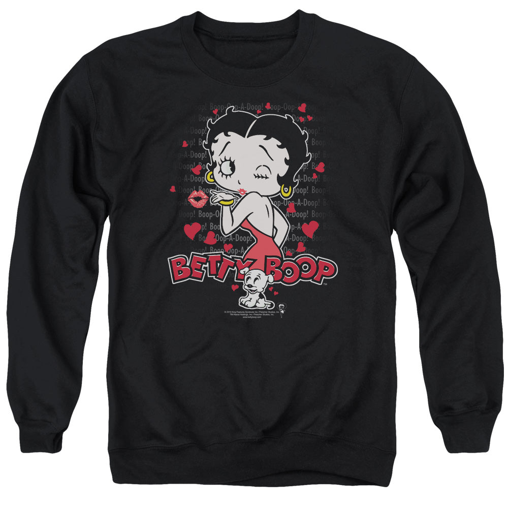AN OFFCIALLY LICENSED BETTY BOOP CLASSIC KISS ADULT UNISEX CREWNECK SWEATSHIRT BLACK
