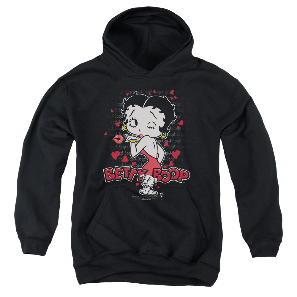 AN OFFCIALLY LICENSED BETTY BOOP CLASSIC KISS YOUTH HOODIE BLACK