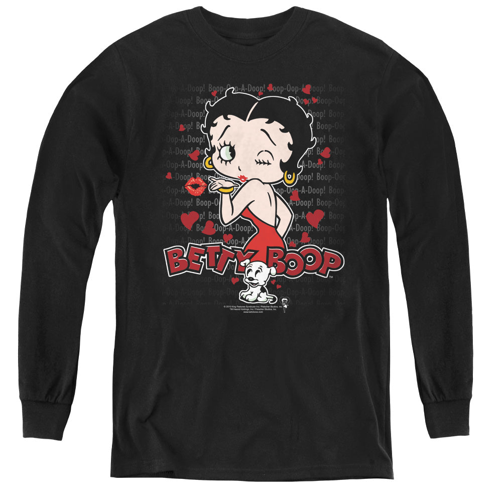 AN OFFCIALLY LICENSED BETTY BOOP CLASSIC KISS YOUTH LONG SLEEVE T-SHIRT BLACK