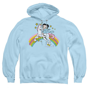AN OFFCIALLY LICENSED BETTY BOOP UNICORN & RAINBOWS ADULT UNISEX PULLOVER HOODIE LIGHT BLUE