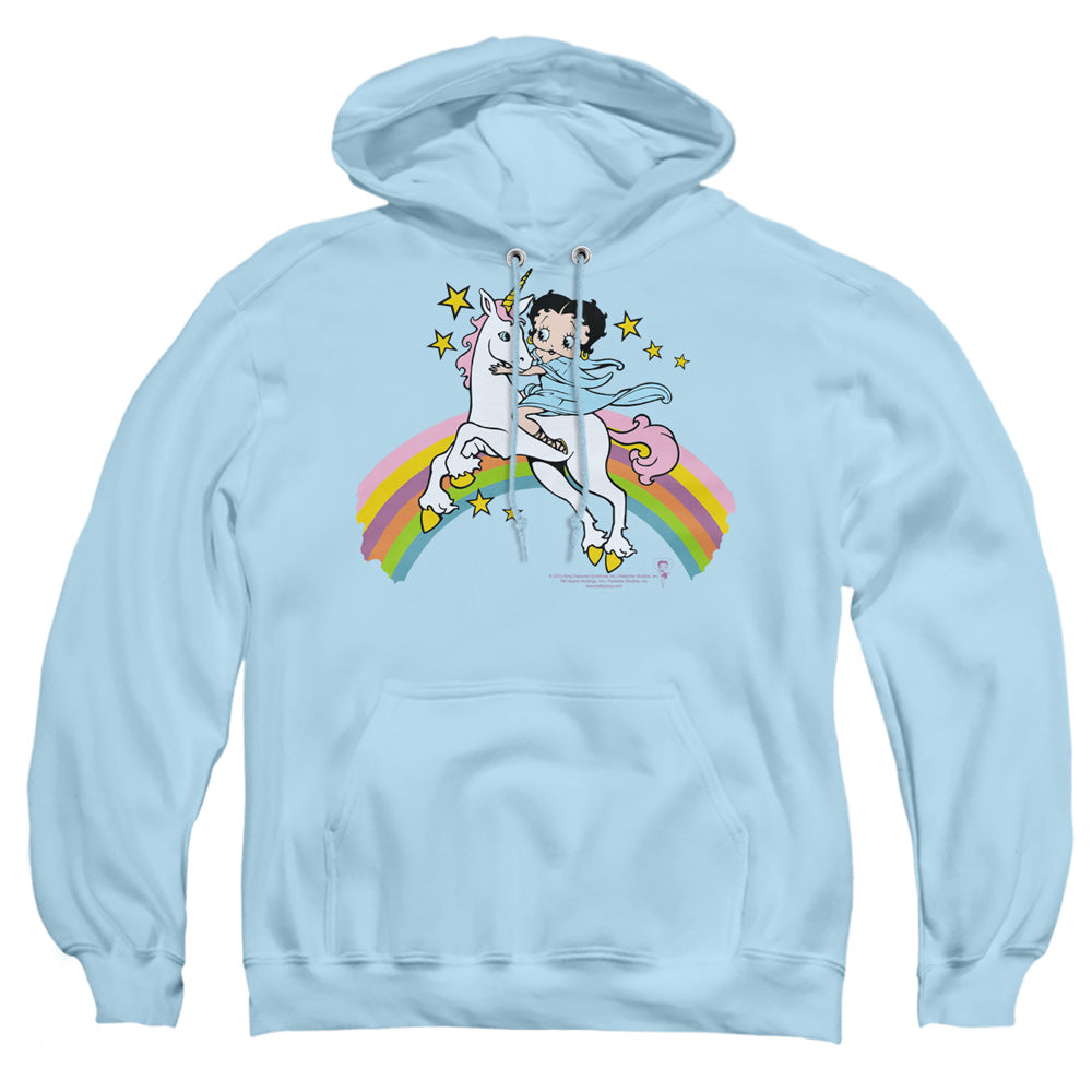 AN OFFCIALLY LICENSED BETTY BOOP UNICORN & RAINBOWS ADULT UNISEX PULLOVER HOODIE LIGHT BLUE