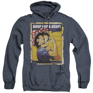AN OFFCIALLY LICENSED BETTY BOOP POWER ADULT UNISEX HEATHER PULLOVER HOODIE NAVY