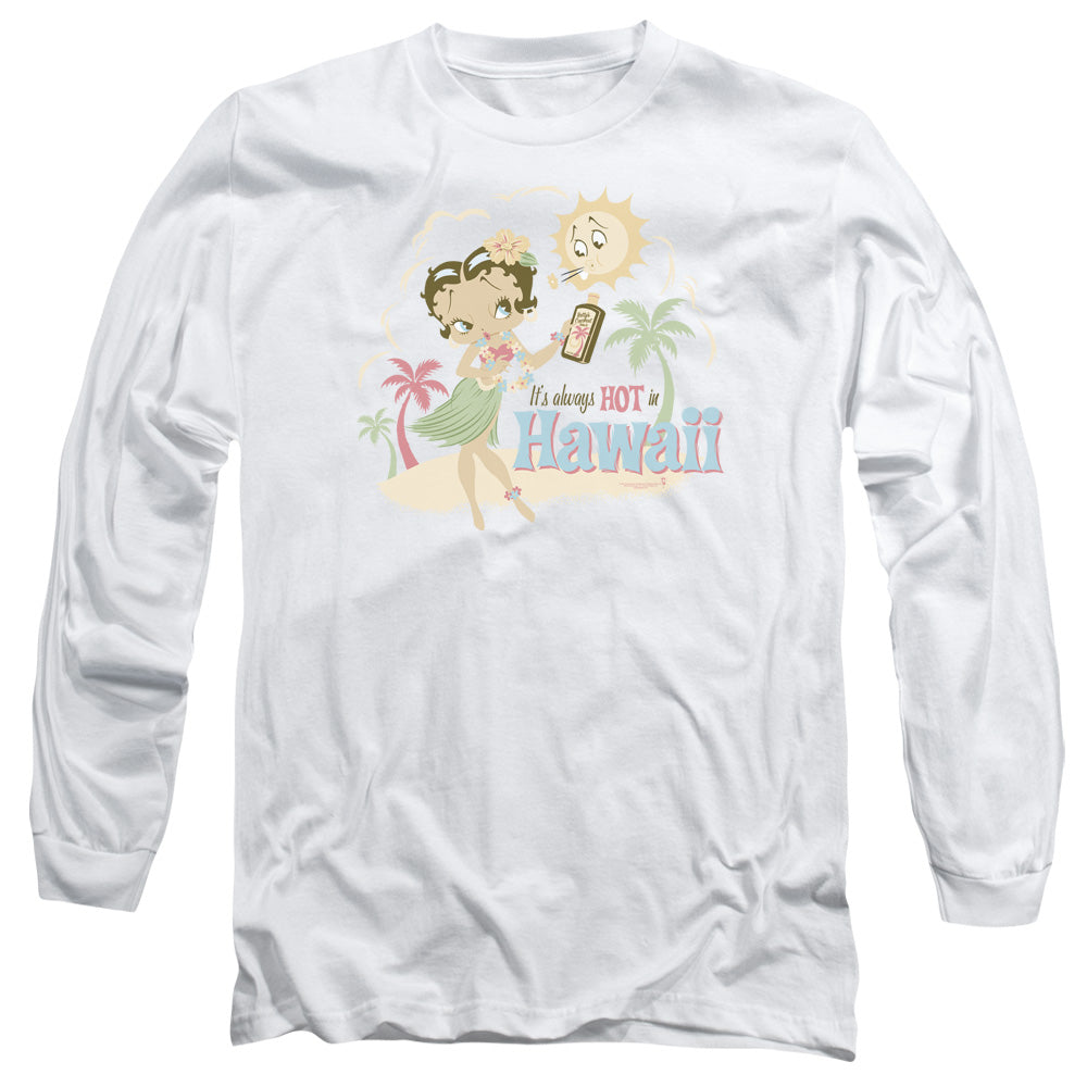 AN OFFCIALLY LICENSED BETTY BOOP HOT IN HAWAII MEN'S LONG SLEEVE T-SHIRT WHITE