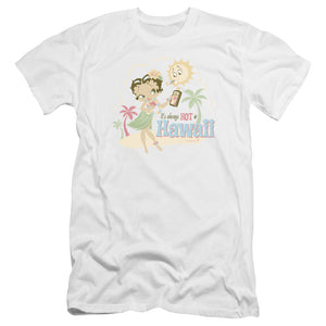 AN OFFCIALLY LICENSED BETTY BOOP HOT IN HAWAII MEN'S PREMIUM SLIM FIT T-SHIRT WHITE