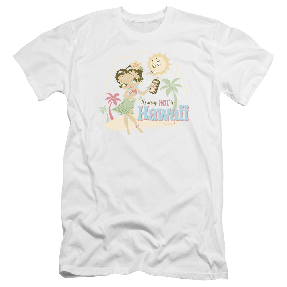 AN OFFCIALLY LICENSED BETTY BOOP HOT IN HAWAII MEN'S PREMIUM SLIM FIT T-SHIRT WHITE