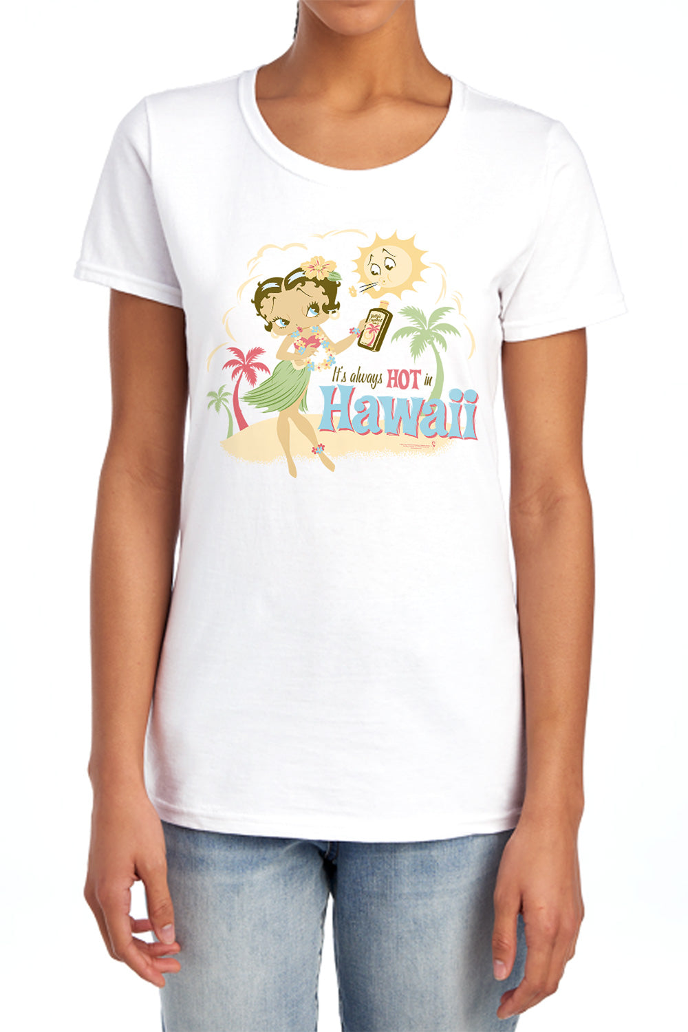 AN OFFCIALLY LICENSED BETTY BOOP HOT IN HAWAII WOMEN'S REGULAR FIT T-SHIRT WHITE