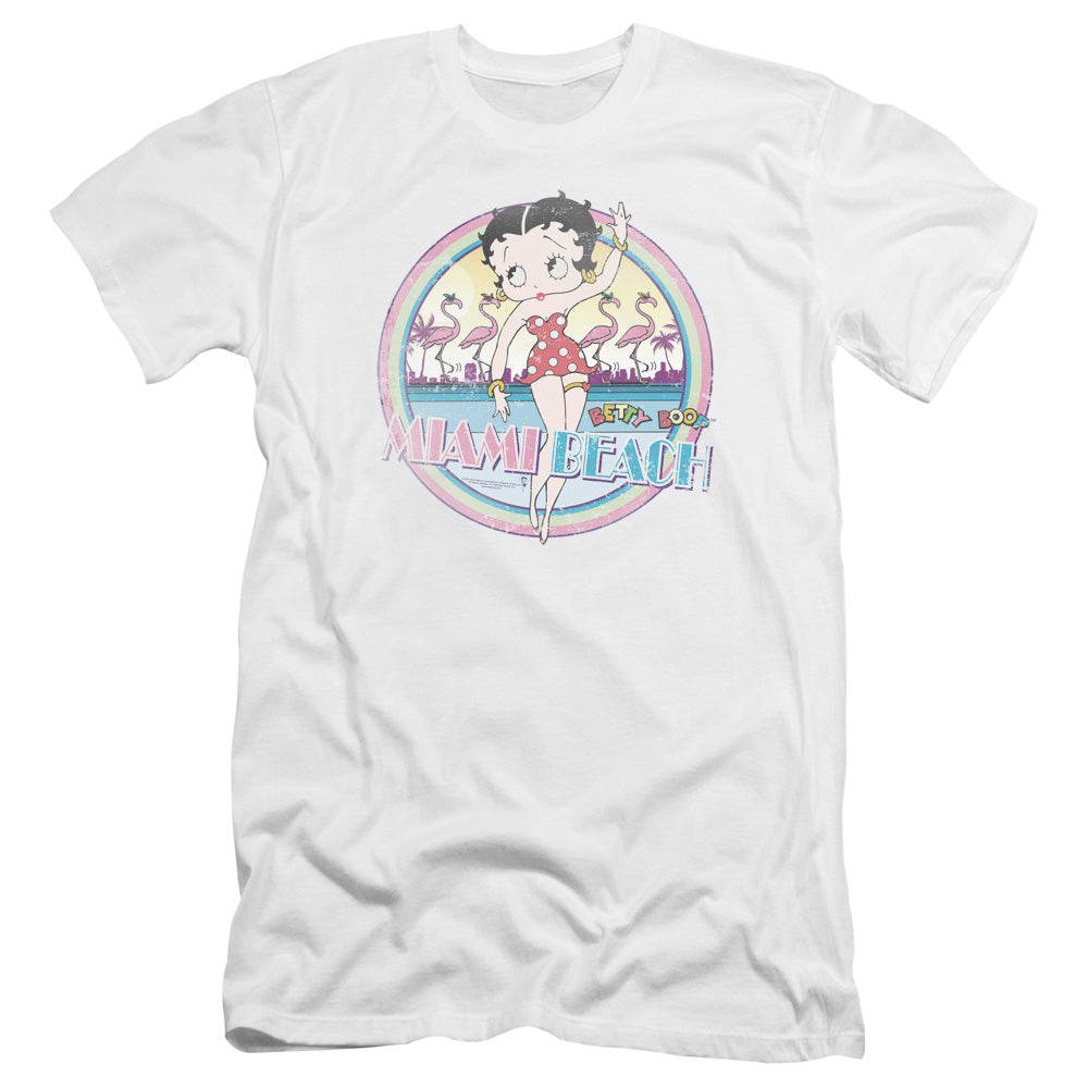 AN OFFCIALLY LICENSED BETTY BOOP MIAMI BEACH MEN'S PREMIUM SLIM FIT T-SHIRT WHITE