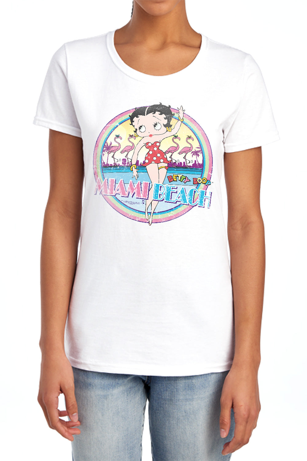 AN OFFCIALLY LICENSED BETTY BOOP MIAMI BEACH WOMEN'S REGULAR FIT T-SHIRT WHITE