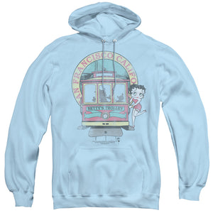 AN OFFCIALLY LICENSED BETTY BOOP BETTYS TROLLEY ADULT UNISEX PULLOVER HOODIE LIGHT BLUE