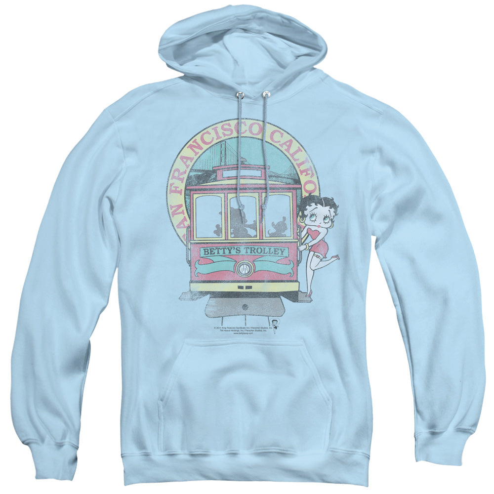 AN OFFCIALLY LICENSED BETTY BOOP BETTYS TROLLEY ADULT UNISEX PULLOVER HOODIE LIGHT BLUE