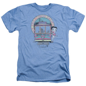 AN OFFCIALLY LICENSED BETTY BOOP BETTYS TROLLEY MEN'S HEATHER T-SHIRT LIGHT BLUE