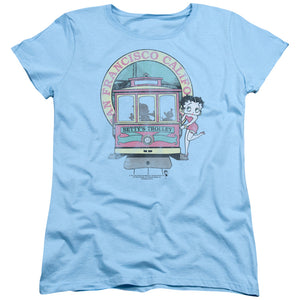 AN OFFCIALLY LICENSED BETTY BOOP BETTYS TROLLEY WOMEN'S REGULAR FIT T-SHIRT LIGHT BLUE