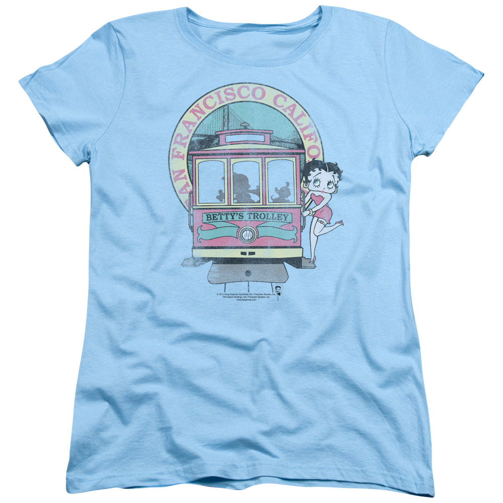 AN OFFCIALLY LICENSED BETTY BOOP BETTYS TROLLEY WOMEN'S REGULAR FIT T-SHIRT LIGHT BLUE