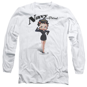 AN OFFCIALLY LICENSED BETTY BOOP NAVY BOOP MEN'S LONG SLEEVE T-SHIRT WHITE