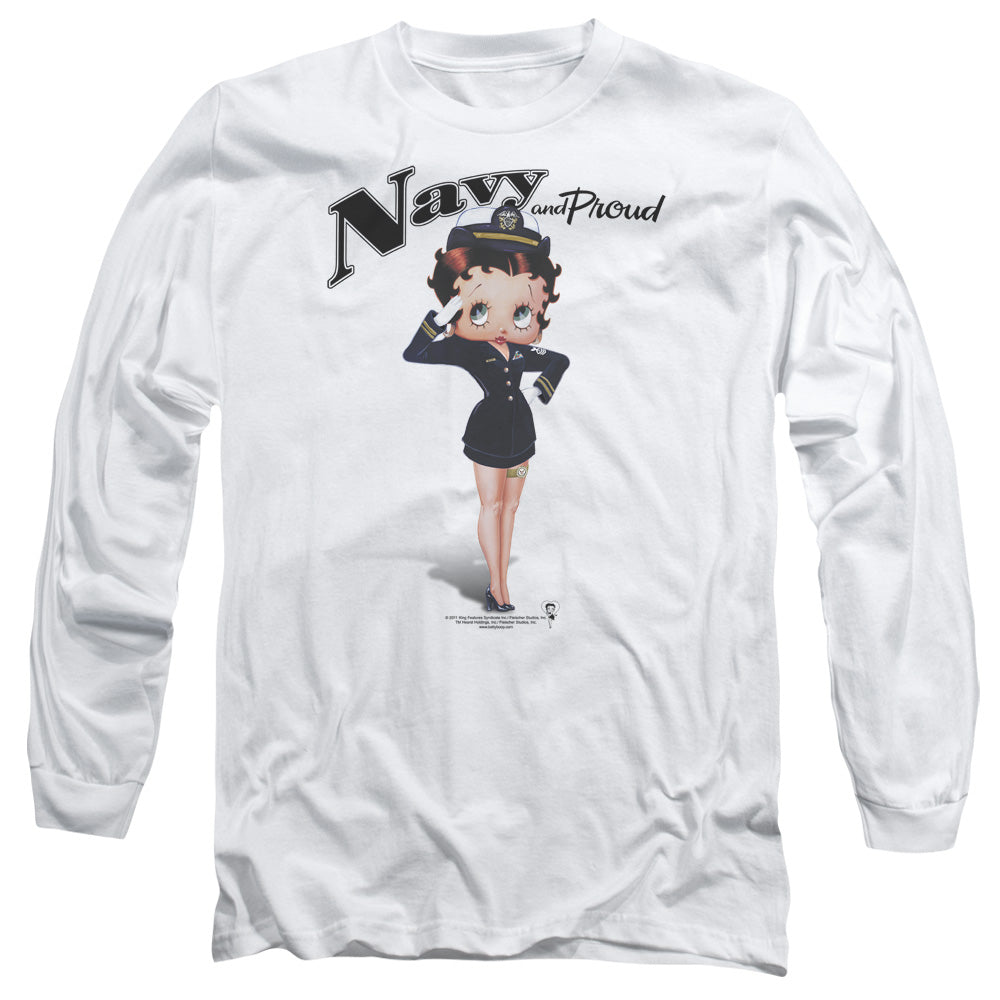 AN OFFCIALLY LICENSED BETTY BOOP NAVY BOOP MEN'S LONG SLEEVE T-SHIRT WHITE