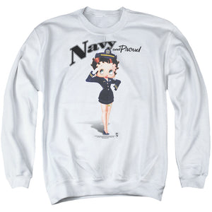 AN OFFCIALLY LICENSED BETTY BOOP NAVY BOOP ADULT UNISEX CREWNECK SWEATSHIRT WHITE