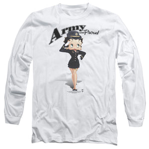 AN OFFCIALLY LICENSED BETTY BOOP ARMY BOOP MEN'S LONG SLEEVE T-SHIRT WHITE