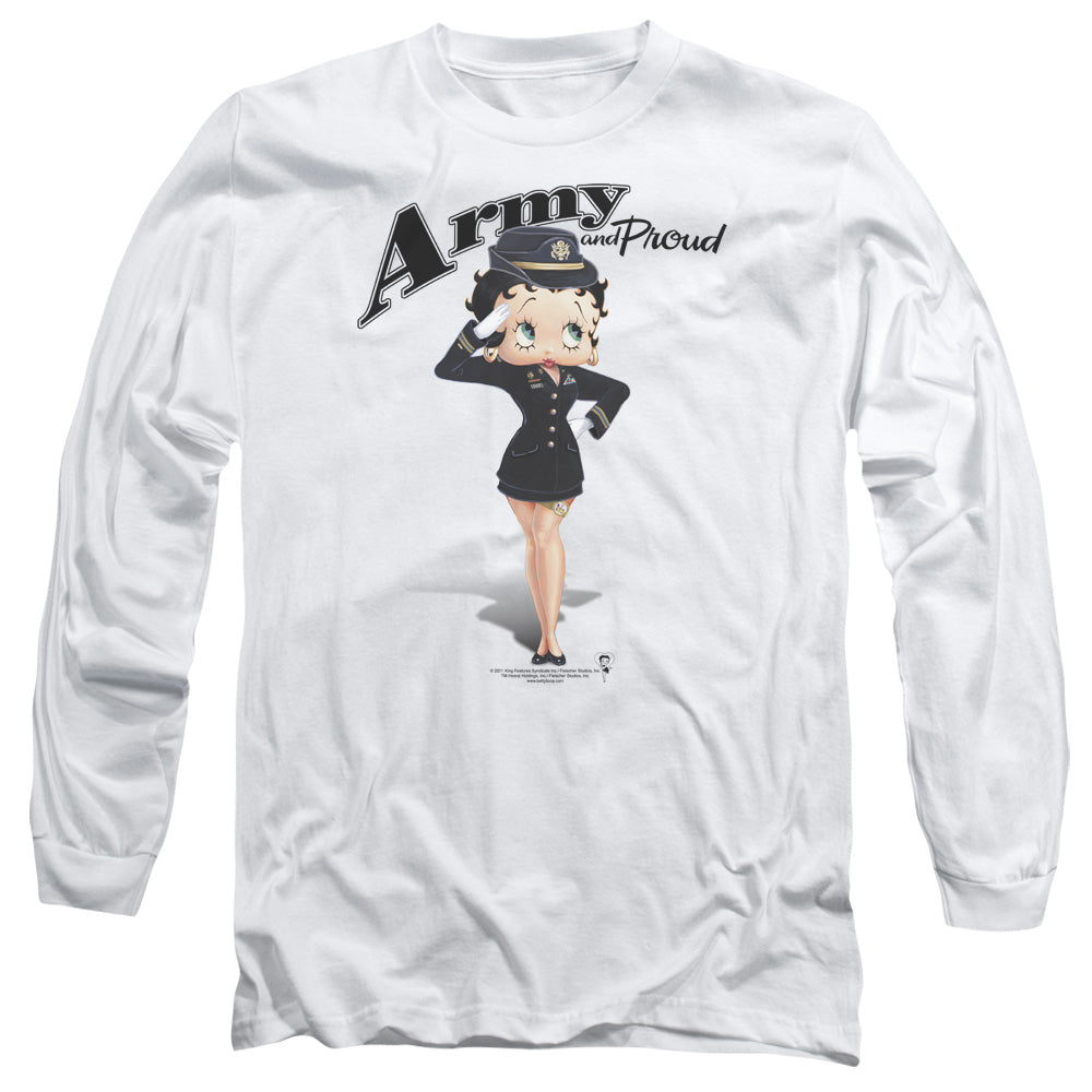 AN OFFCIALLY LICENSED BETTY BOOP ARMY BOOP MEN'S LONG SLEEVE T-SHIRT WHITE