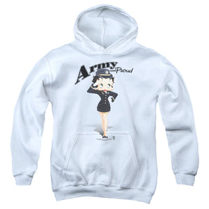 AN OFFCIALLY LICENSED BETTY BOOP ARMY BOOP YOUTH HOODIE WHITE