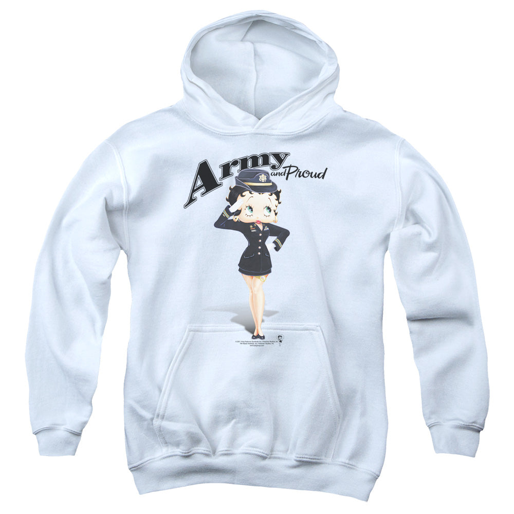 AN OFFCIALLY LICENSED BETTY BOOP ARMY BOOP YOUTH HOODIE WHITE