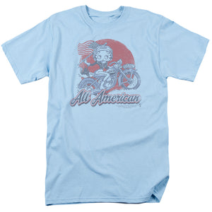AN OFFCIALLY LICENSED BETTY BOOP ALL AMERICAN BIKER MEN'S REGULAR FIT T-SHIRT LIGHT BLUE