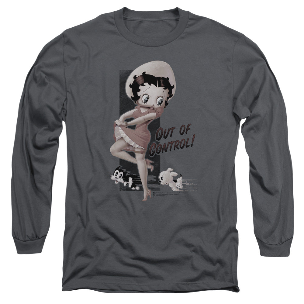 AN OFFCIALLY LICENSED BETTY BOOP OUT OF CONTROL MEN'S LONG SLEEVE T-SHIRT CHARCOAL