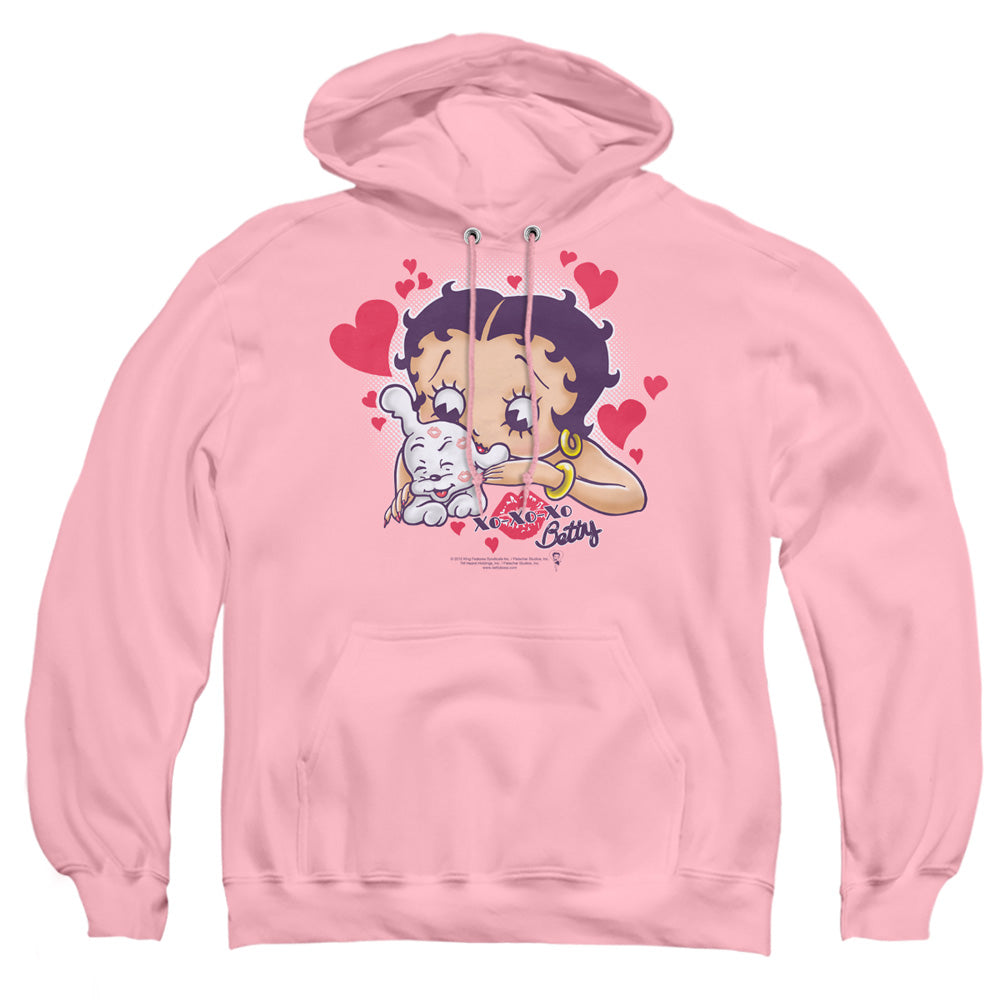 AN OFFCIALLY LICENSED BETTY BOOP PUPPY LOVE ADULT UNISEX PULLOVER HOODIE PINK