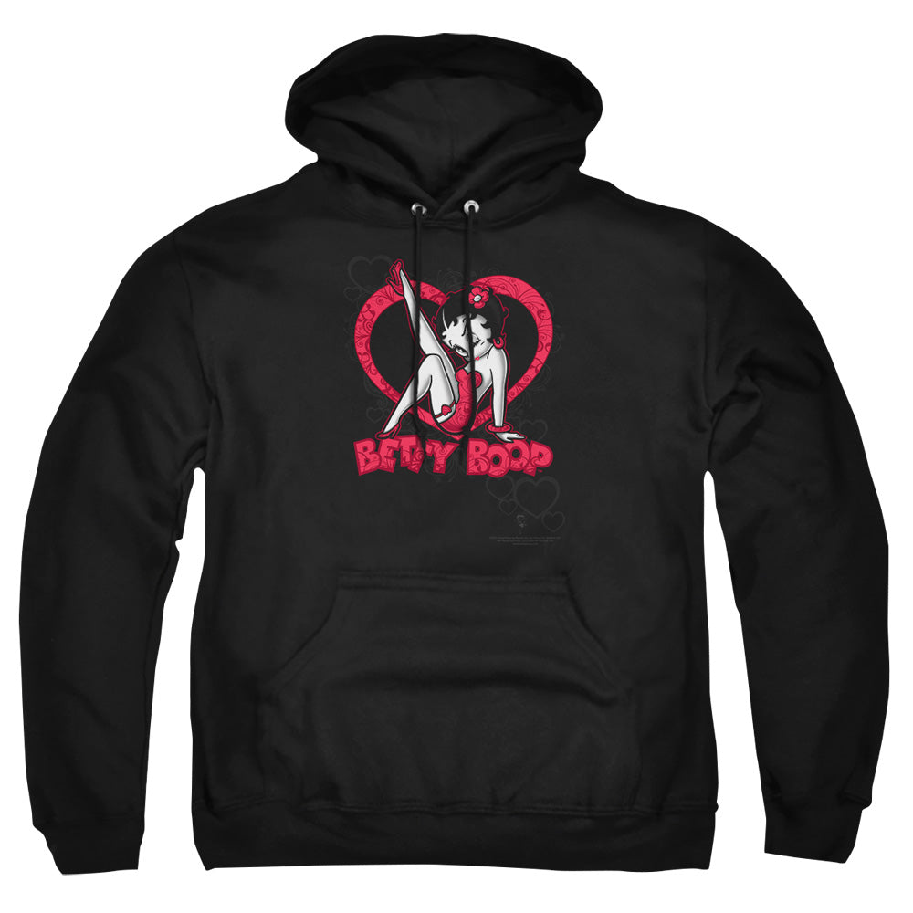 AN OFFCIALLY LICENSED BETTY BOOP SCROLLING HEARTS ADULT UNISEX PULLOVER HOODIE BLACK