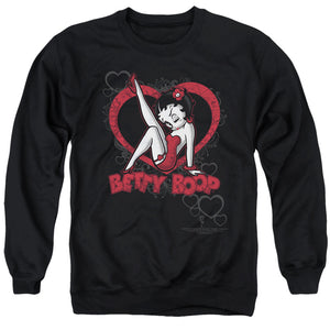 AN OFFCIALLY LICENSED BETTY BOOP SCROLLING HEARTS ADULT UNISEX CREWNECK SWEATSHIRT BLACK